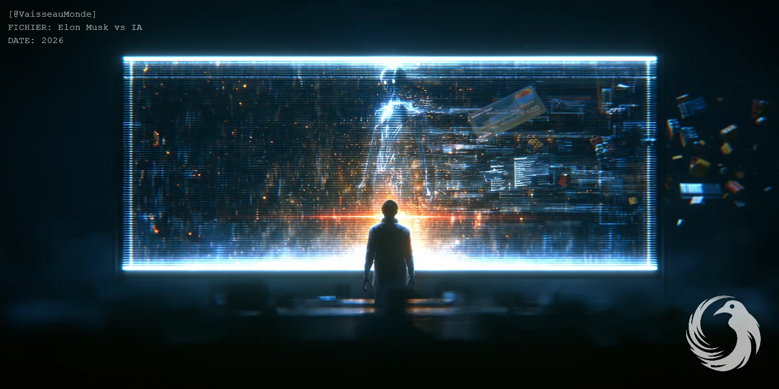 Un homme vu de dos, en silhouette, face à un écran géant d’où sort un hologramme humanoïde, tandis qu’une carte bancaire, des relevés et des briques de jouet s’échappent de l’écran