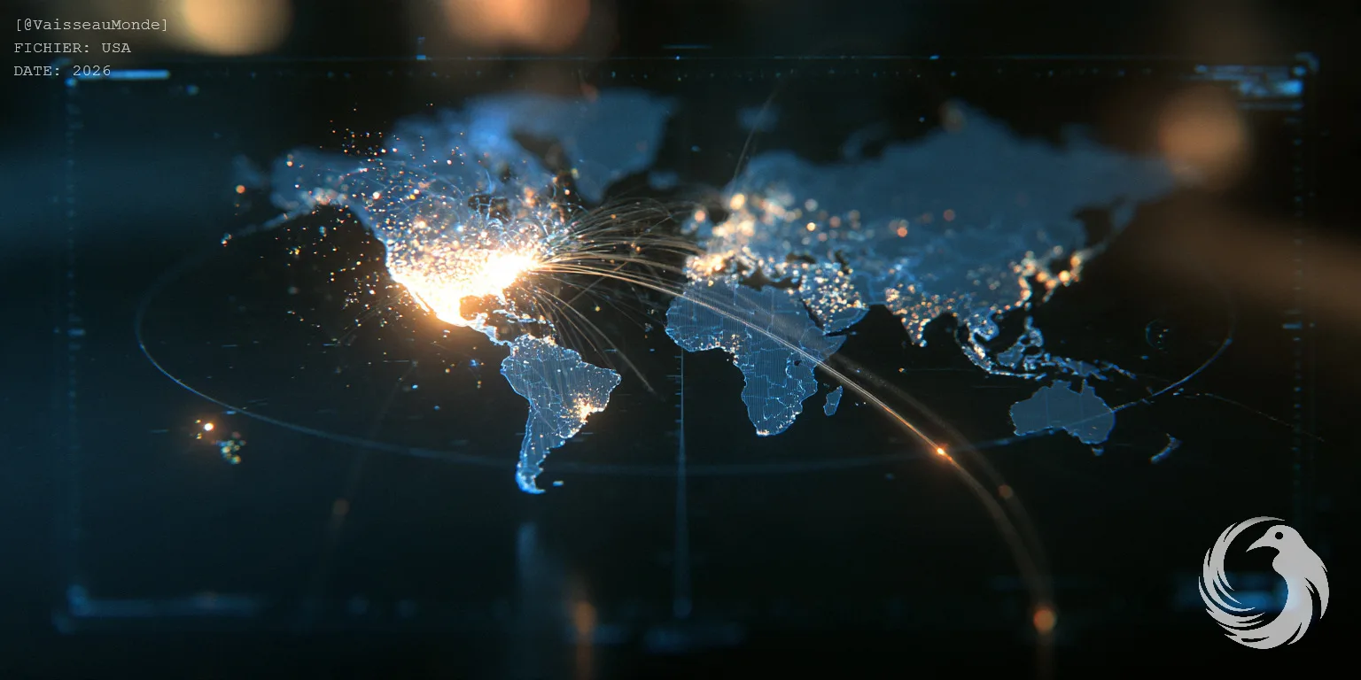 Carte du monde lumineuse sur un écran sombre : l'Amérique du Nord brille d'un éclat orange intense, d'où partent des dizaines de fils de lumière vers le reste du globe