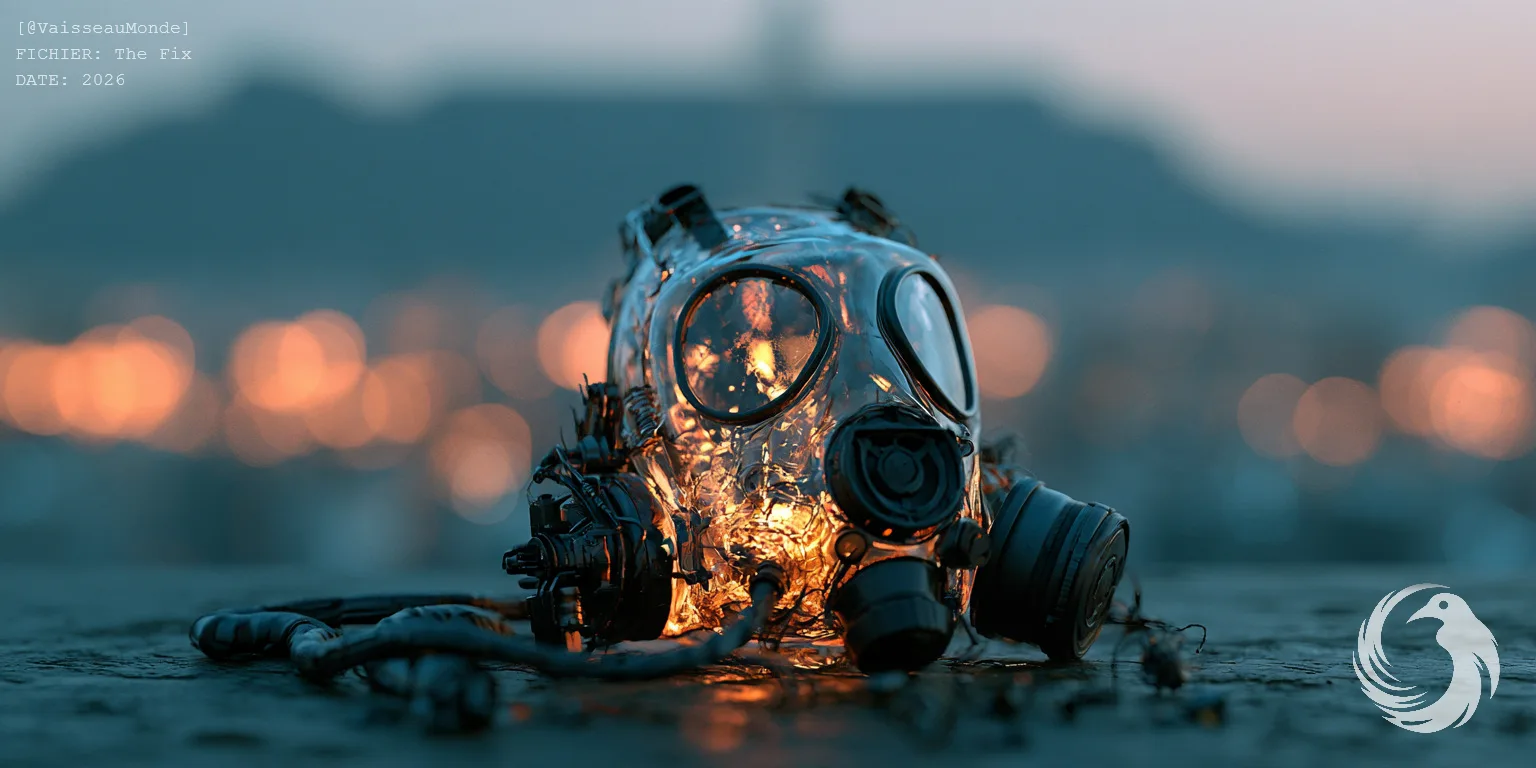 Un masque à gaz abandonné sur un toit au crépuscule, éclairé de l'intérieur, devant une ville floue et une montagne au sommet plat