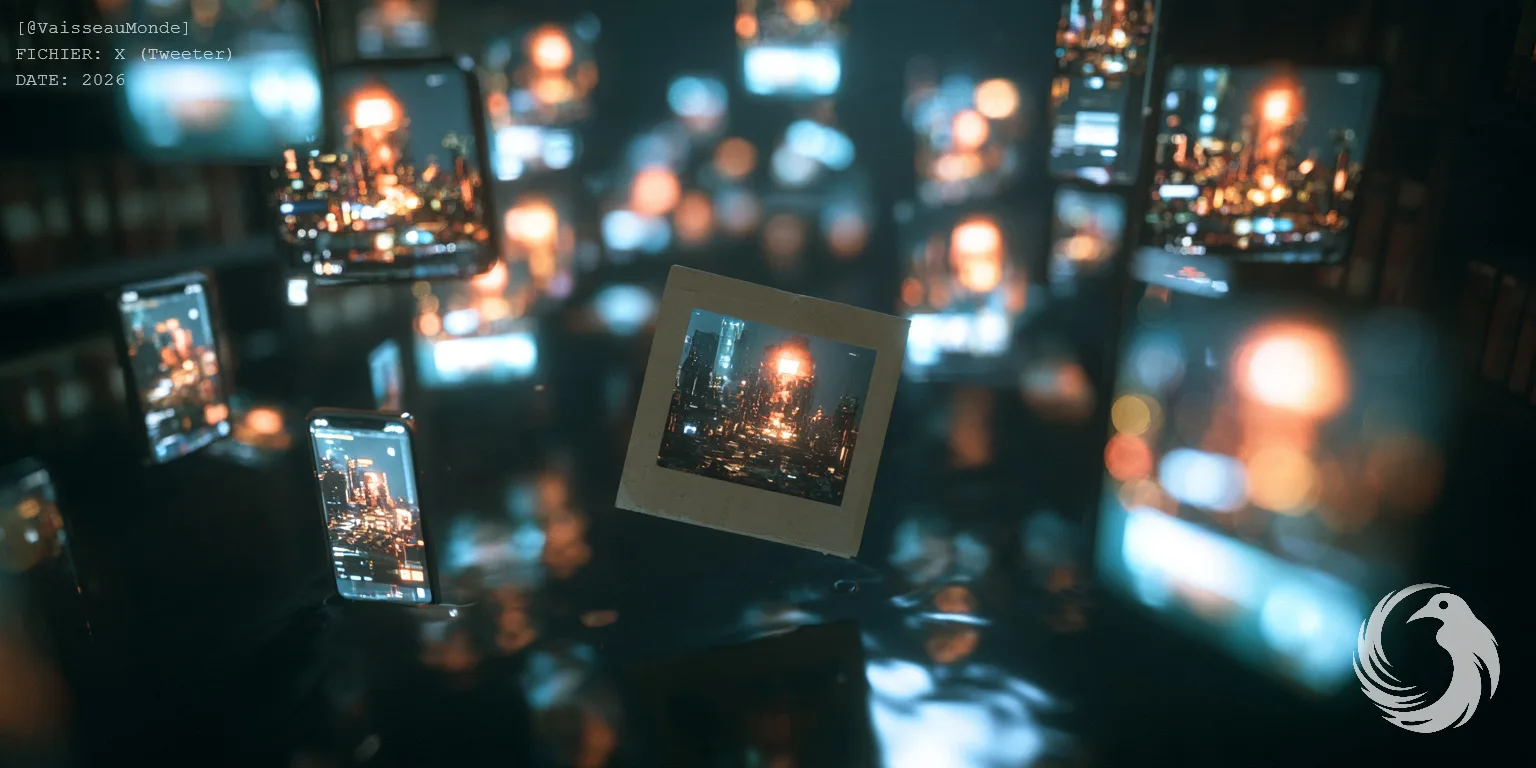 Une vieille photographie papier flotte au milieu de dizaines d'écrans de téléphones qui montrent tous la même ville en flammes, dans une salle d'archives sombre